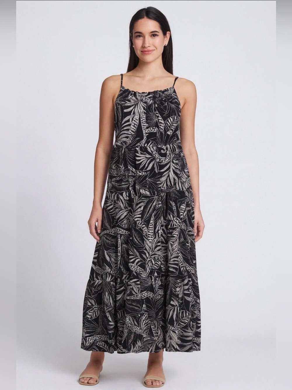 Banana Republic Black & Tan/White Smocked Maxi Dress Palm Leaves Tropical XL - Picture 2 of 7